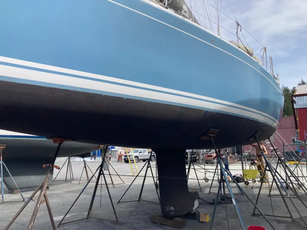 a fiberglass sailboat that looks new after painting, gel coat repair and boat polishing in nanaimo, bc